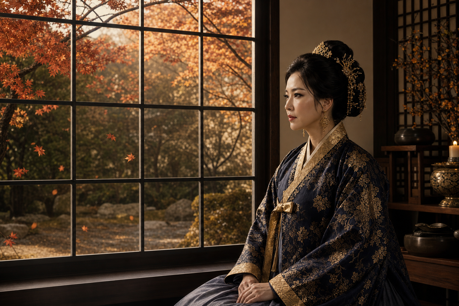 운명두루마리의 무당이 밤하늘의 은하수 아래에서 10년의 대운과 1년의 세운을 상징하는 두 종류의 모래시계를 나란히 바라보는 모습